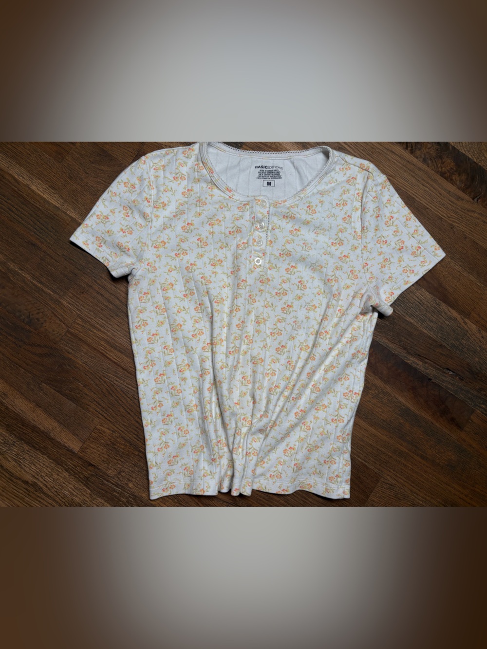 Basic Editions White Short Sleeve Henley Tee with Peach Floral Print